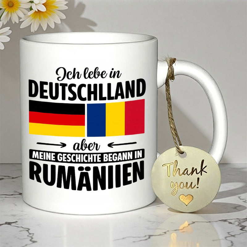 Tailorly White Ceramic 11 oz Mug - Thank You Clean White Surface Decorated With German And Romanian Flag Icons Mug
