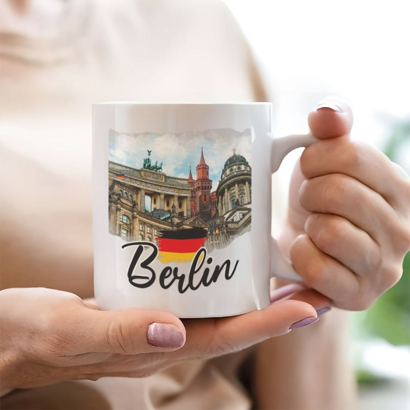 Tailorly White Ceramic 11 oz Mug - Berlin Watercolor Style Landmarks With German Flag Artistic Design Cityscape