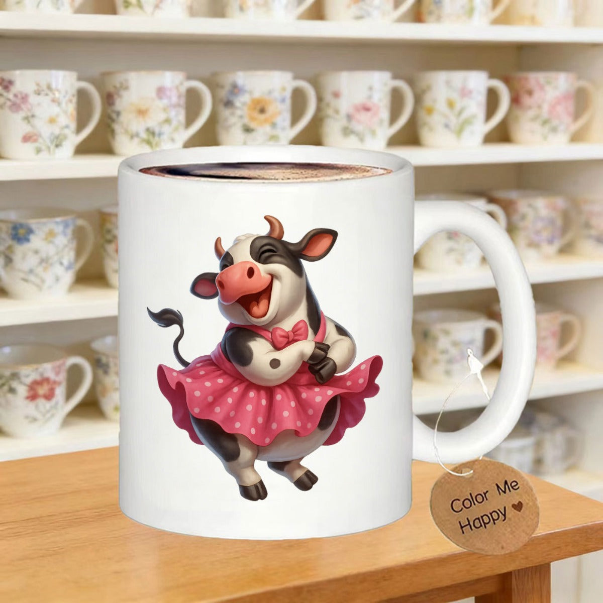 Tailorly White Ceramic 11 oz Mug - Color Me Happy Adorable Dancing Spotted Heifer Wearing A Pink Polka Dot Tutu Cow