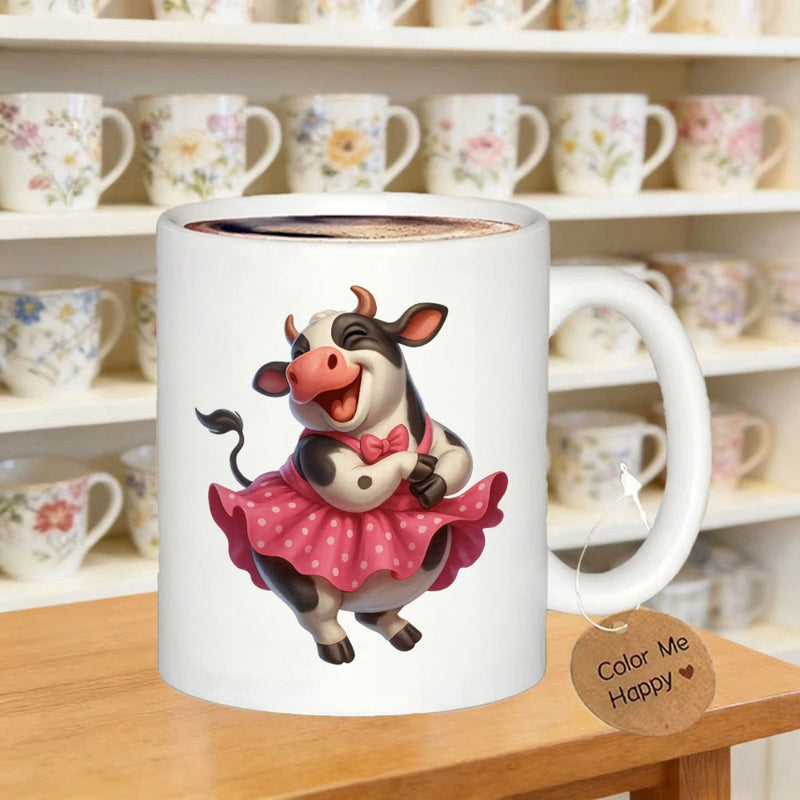 Tailorly White Ceramic 11 oz Mug - Color Me Happy Adorable Dancing Spotted Heifer Wearing A Pink Polka Dot Tutu Cow