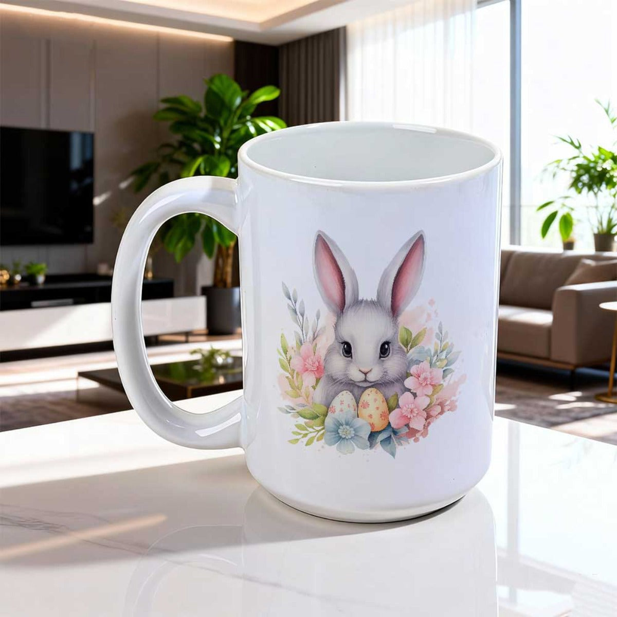 Tailorly White Ceramic 11 oz Mug - Soft Watercolor Artistic Gray Bunny Nestled Among Colorful Pastel Floral Easter Eggs Rabbit