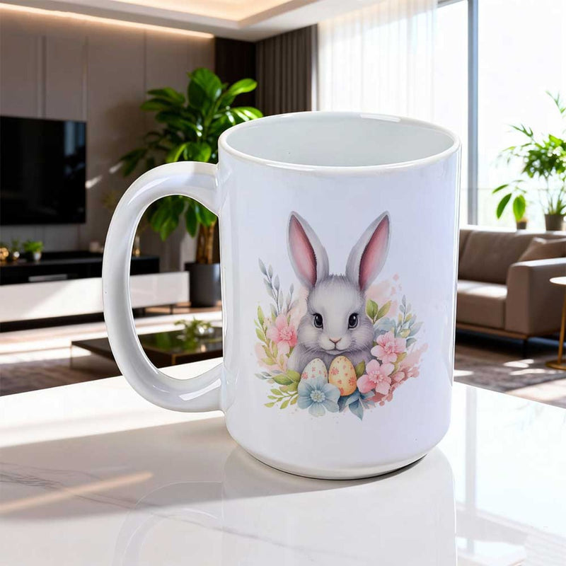 Tailorly White Ceramic 11 oz Mug - Soft Watercolor Artistic Gray Bunny Nestled Among Colorful Pastel Floral Easter Eggs Rabbit