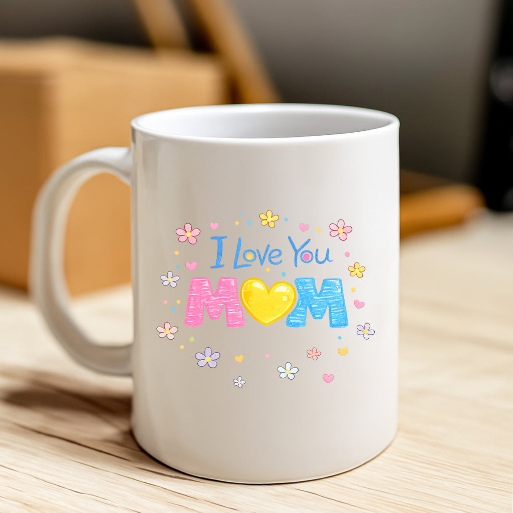 Tailorly White Ceramic 11 oz Mug - I Love You Mom Colorful Tiny Flowers And Sparkling Confetti With A Glowing Yellow Heart