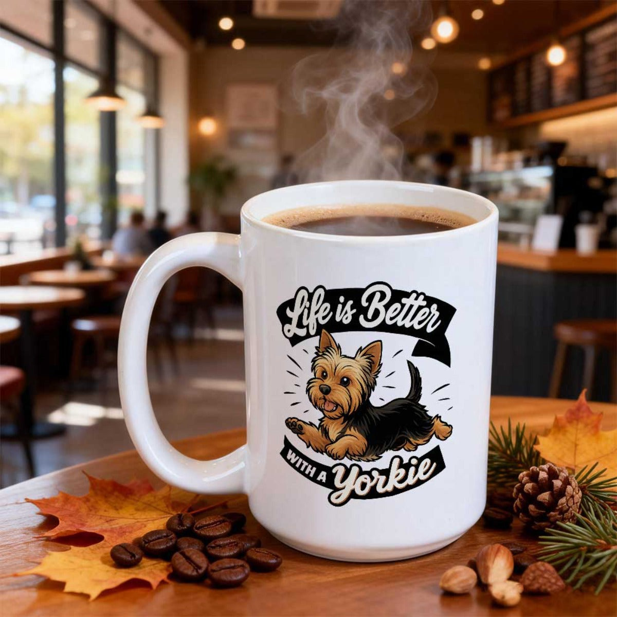 Tailorly White Ceramic 11 oz Mug - Life Is Better With A Yorkie Adorable Yorkshire Terrier Illustration On Wooden Table With Fallen Leaves Yorkie