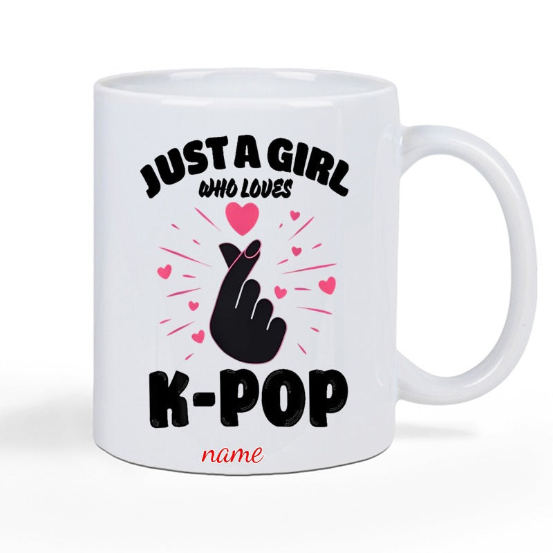 Tailorly White Ceramic 11 oz Mug - Just A Girl Who Loves K Pop Name Minimalist Silhouette Making Finger Heart Gesture Surrounded By Small Pink Hearts Hand