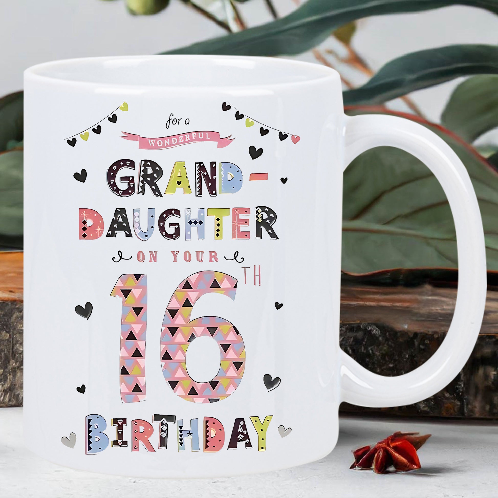 Tailorly White Ceramic 11 oz Mug - For A Wonderful Granddaughter On Your 16th Birthday Colorful Celebratory Patterns Featuring Festive Bunting And Hearts Mug