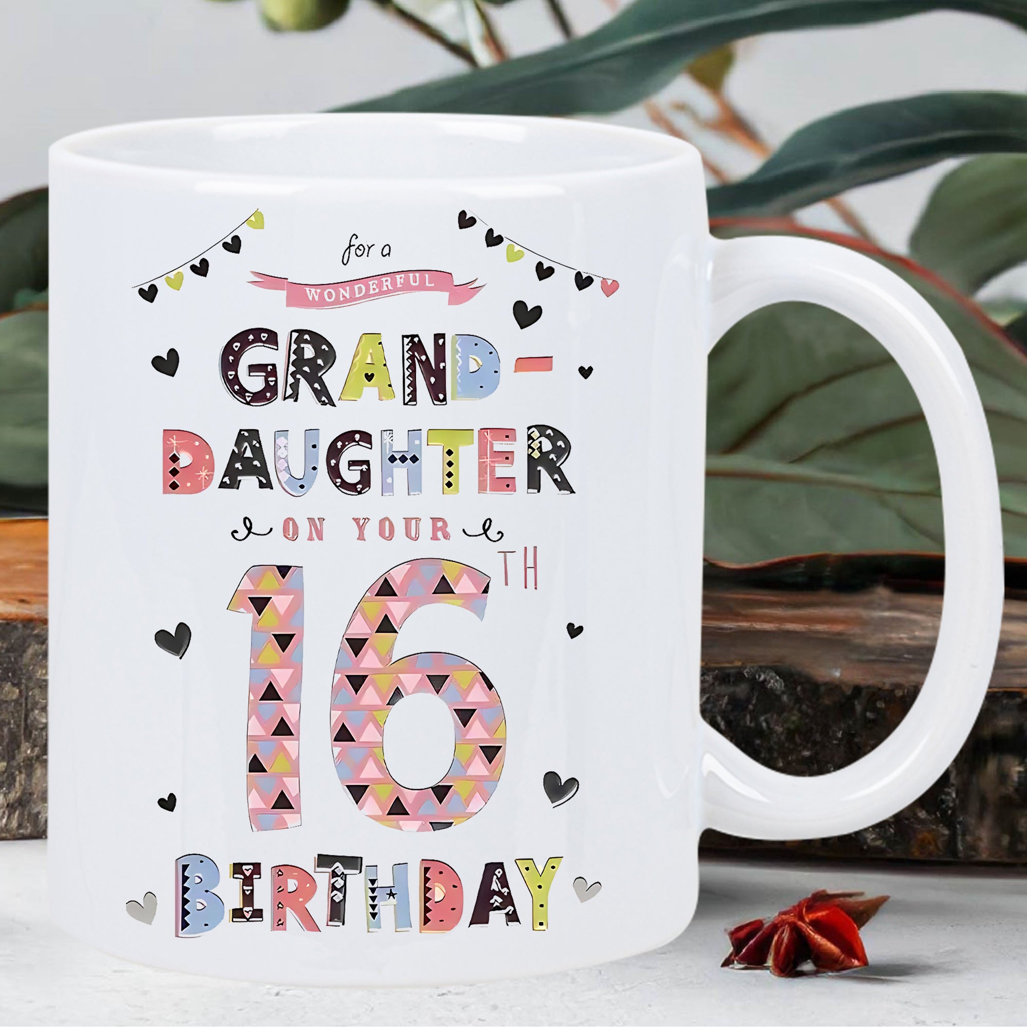 Tailorly White Ceramic 11 oz Mug - For A Wonderful Granddaughter On Your 16th Birthday Colorful Celebratory Patterns Featuring Festive Bunting And Hearts Mug
