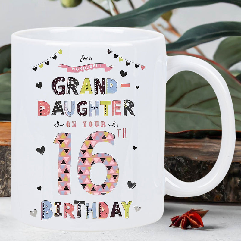 Tailorly White Ceramic 11 oz Mug - For A Wonderful Granddaughter On Your 16th Birthday Colorful Celebratory Patterns Featuring Festive Bunting And Hearts Mug