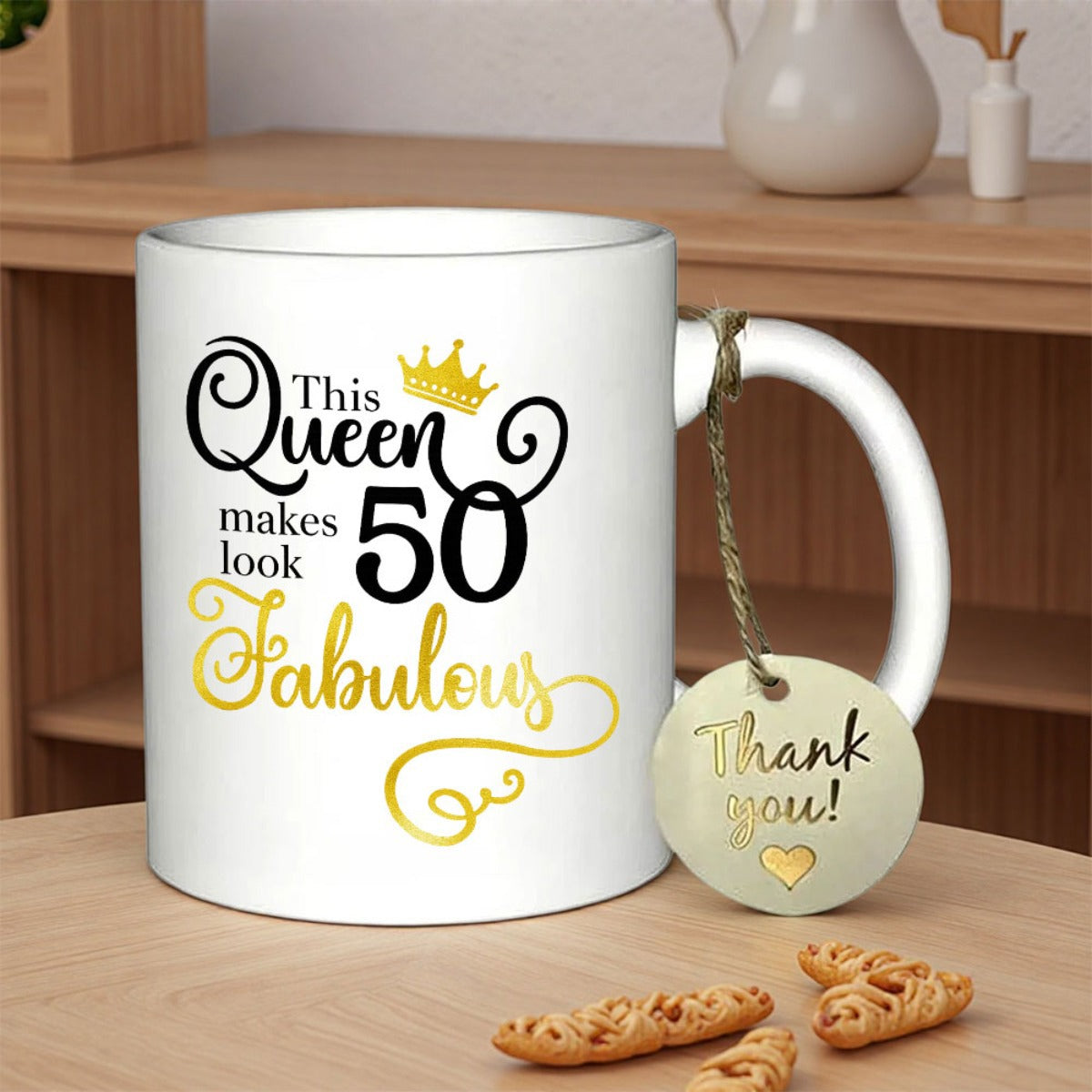 Tailorly White Ceramic 11 oz Mug - This Queen Makes 50 Look Fabulous Elegant Golden Crown Sitting Above Stylish Anniversary Slogan Cursive Mug