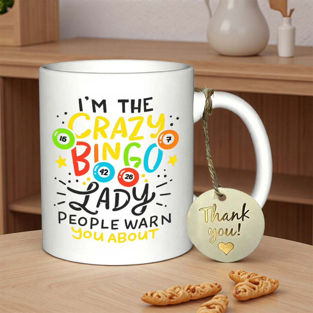 Tailorly White Ceramic 11 oz Mug - Im The Crazy Bingo Lady People Warn You About Colorful Hand Lettered Slogan With Decorative Stars And Numeric Bingo Balls
