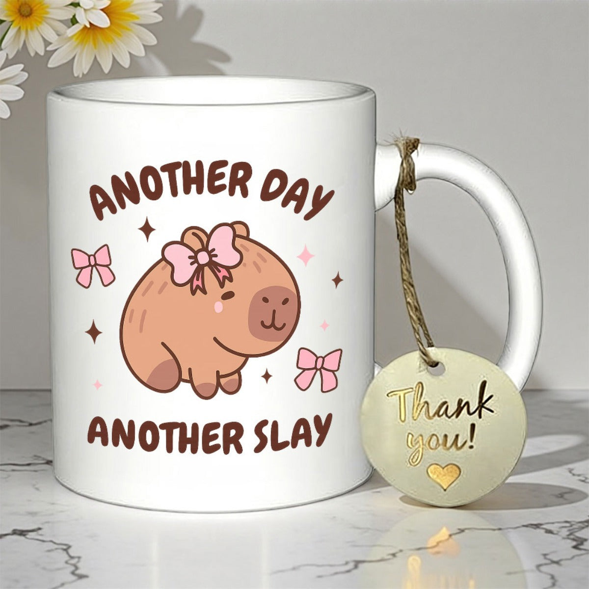 Tailorly White Ceramic 11 oz Mug - Another Day Another Slay Charming Cartoon Capybara Wearing Pink Bows Among Decorative Twinkling Stars Capybara