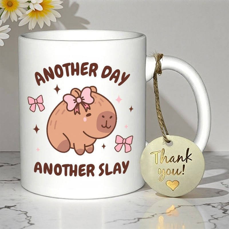 Tailorly White Ceramic 11 oz Mug - Another Day Another Slay Charming Cartoon Capybara Wearing Pink Bows Among Decorative Twinkling Stars Capybara