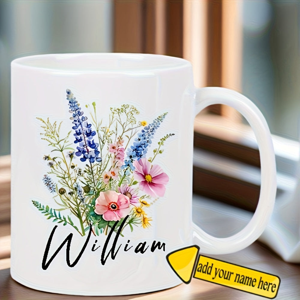 Tailorly White Ceramic 11 oz Mug - William Vibrant Watercolor Wildflowers With Delicate Pink Cosmos And Blue Lupine Blossoms Bouquet