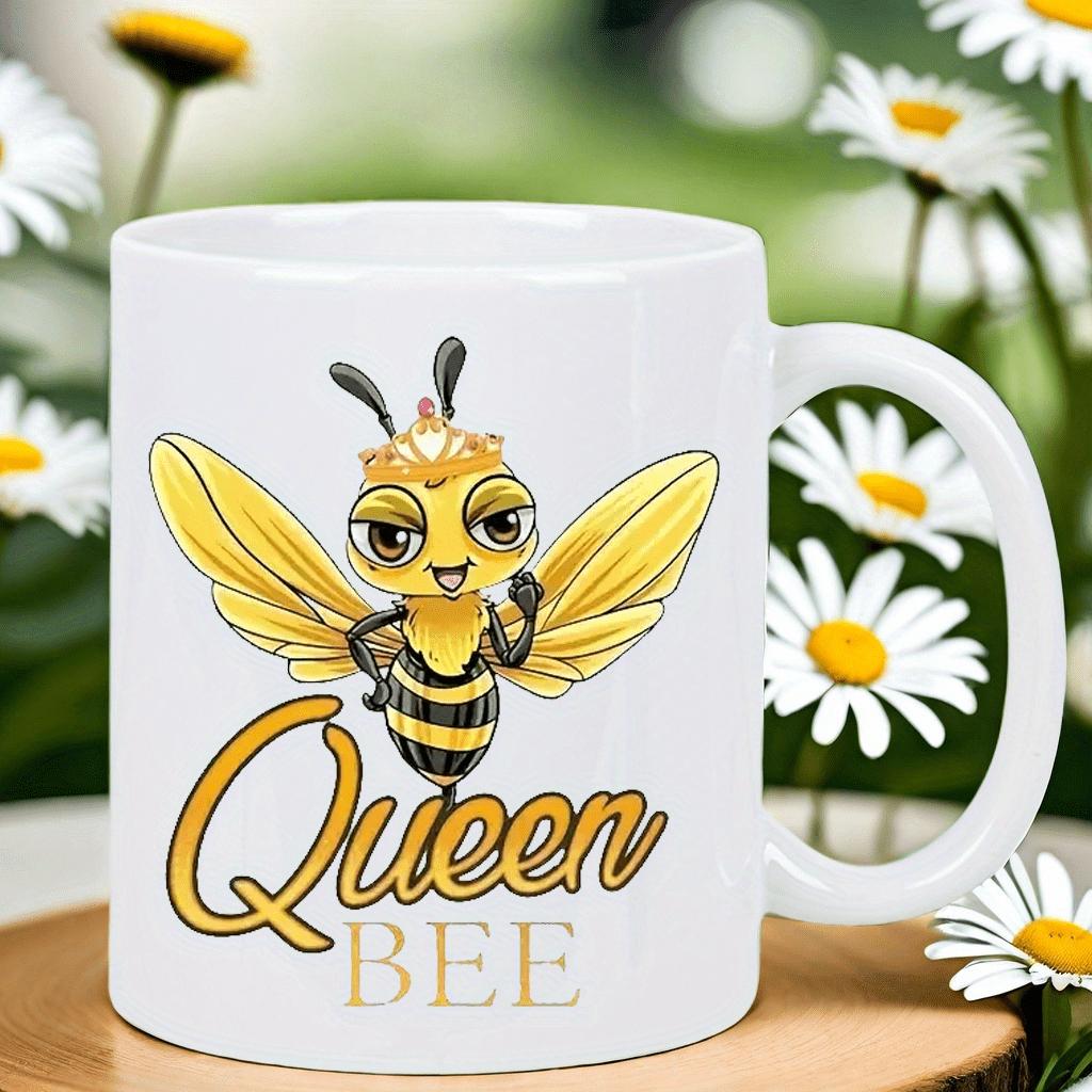Tailorly White Ceramic 11 oz Mug - Queen Bee Adorable Cartoon Bumblebee Wearing A Golden Crown With Outstretched Wings Bee