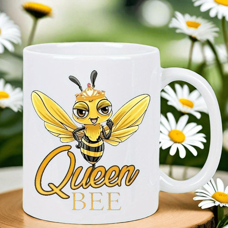 Tailorly White Ceramic 11 oz Mug - Queen Bee Adorable Cartoon Bumblebee Wearing A Golden Crown With Outstretched Wings Bee
