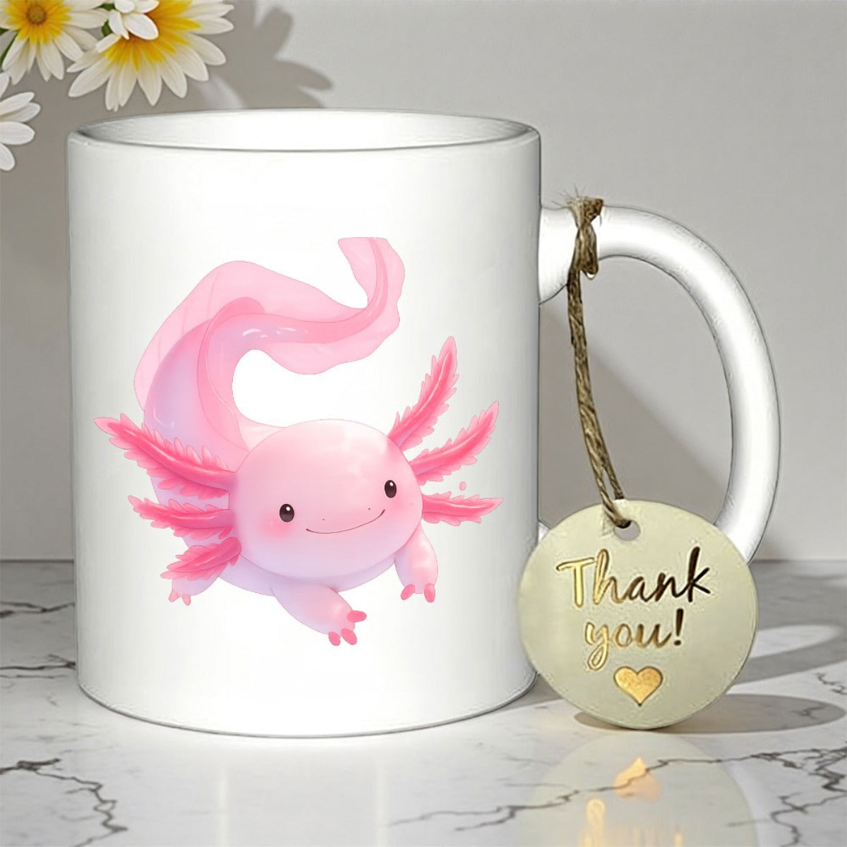 Tailorly White Ceramic 11 oz Mug - Thank You Cute Pink Smiling Salamander Swimming Through Clear White Space Axolotl