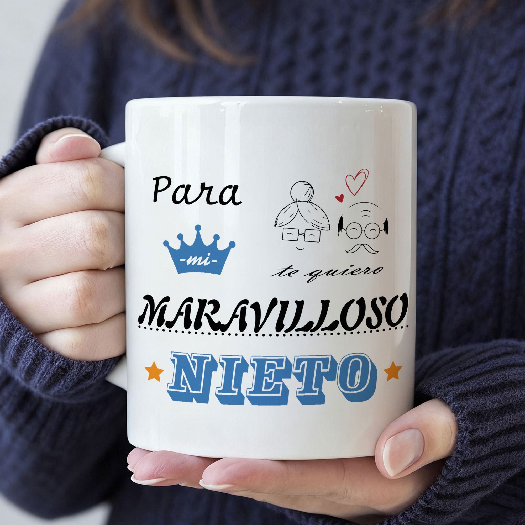 Tailorly White Ceramic 11 oz Mug - Minimalist Sketch Of Loving Elderly Couple With Decorative Crown And Stars Mug