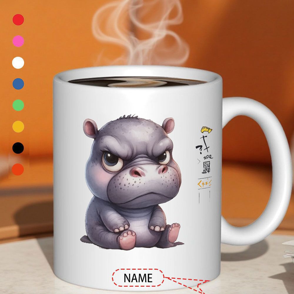 Tailorly White Ceramic 11 oz Mug - Adorable Grumpy Baby Hippo Sitting Stoutly With A Fierce Expression Hippo
