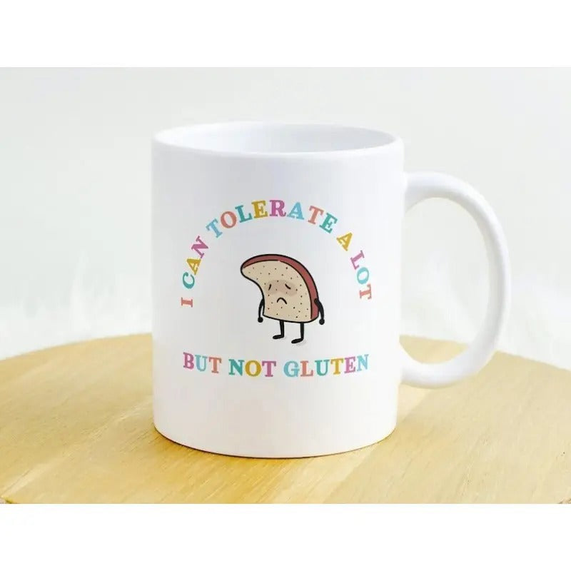 Tailorly White Ceramic 11 oz Mug - I Can Tolerate A Lot But Not Gluten Sad Little Cartoon Slice Of Bread With Tiny Arms And Legs Bread
