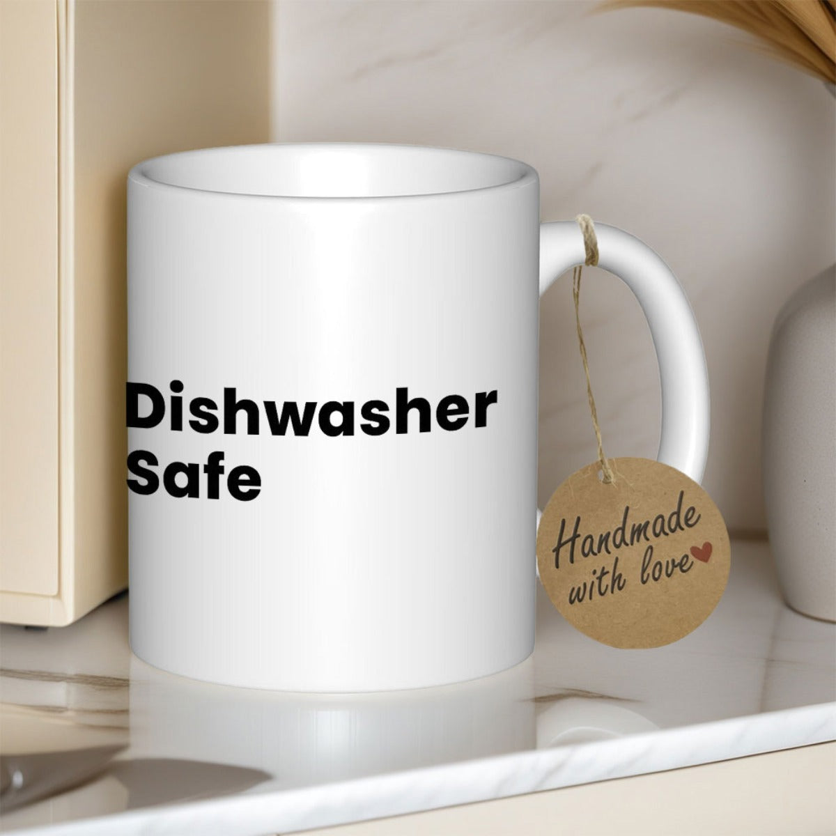 Tailorly White Ceramic 11 oz Mug - Dishwasher Safe Minimalist White Ceramic Vessel Resting On Clean Reflective Modern Surface Mug