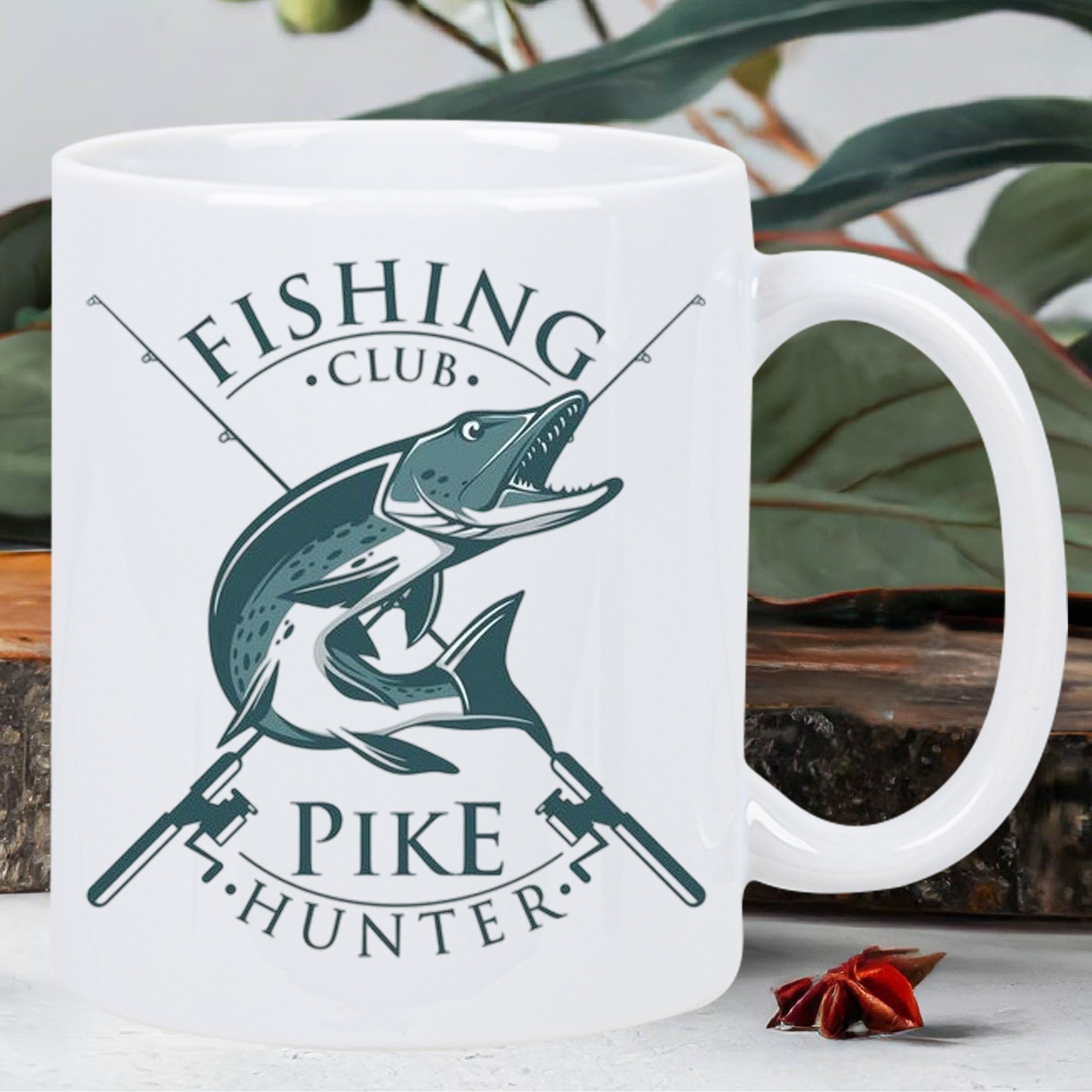 Tailorly White Ceramic 11 oz Mug - Fishing Club Pike Hunter Active Jumping Fish Behind Two Antique Styled Crossed Fishing Rods Pike
