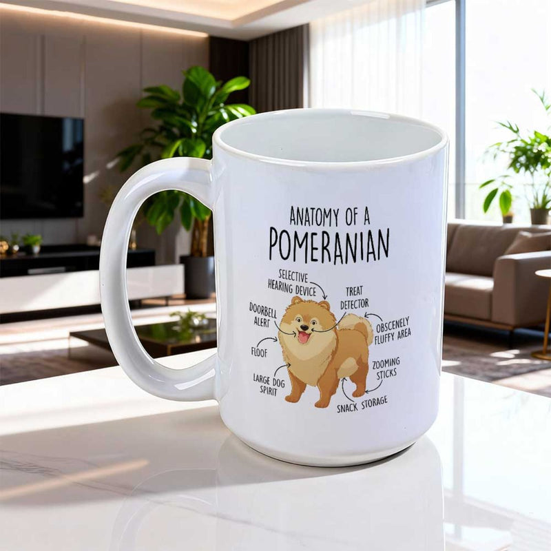 Tailorly White Ceramic 11 oz Mug - Anatomy Of A Pomeranian Detailed Cartoon Sketch With Funny Descriptive Anatomical Labels On A Small Pomeranian