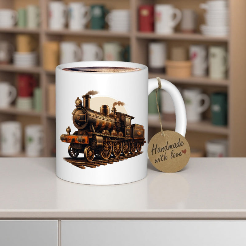 Tailorly White Ceramic 11 oz Mug - Handmade With Love Vintage Brown Steam Engine Moving Along Tracks Under Soft Glow Locomotive
