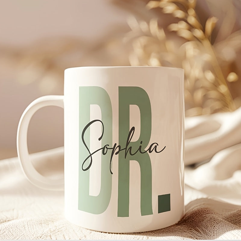 Tailorly White Ceramic 11 oz Mug - Sophia DR Large Green Block Letters With Elegant Cursive Script Personalized Ceramic Mug