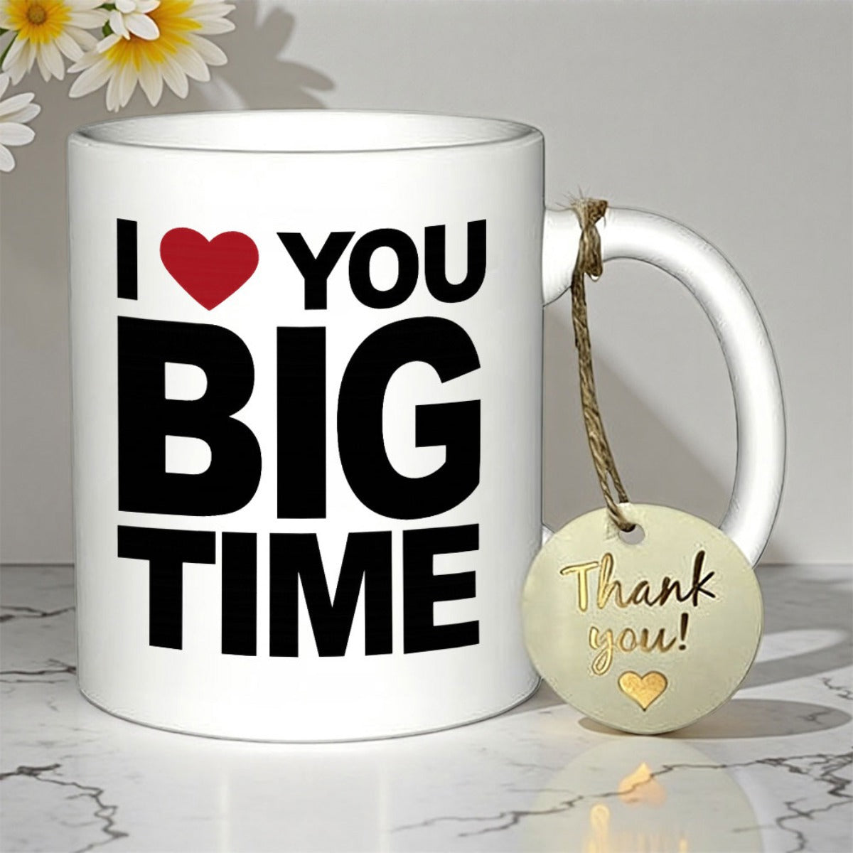 Tailorly White Ceramic 11 oz Mug - I Love You Big Time Minimalist White Ceramic With Bold Black Lettering And Red Heart Mug
