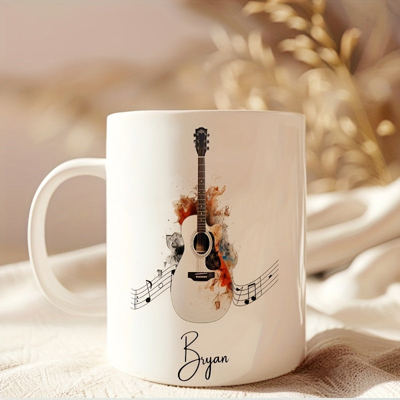 Tailorly White Ceramic 11 oz Mug - Bryan Artistic Watercolor Splash With Musical Notes Floating Around Classic Acoustic Guitar