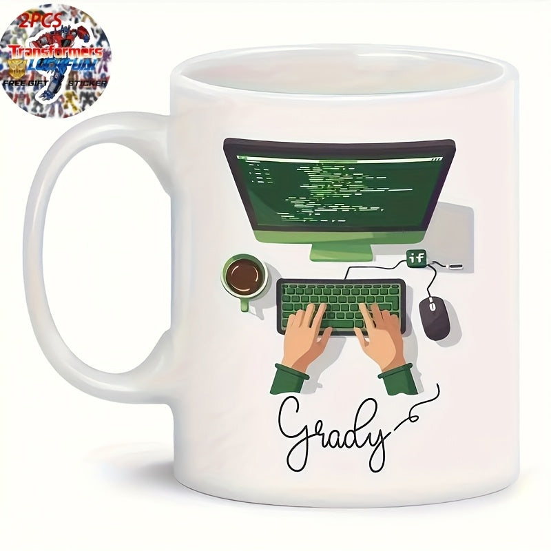 Tailorly White Ceramic 11 oz Mug - Grady Hands Typing Code On Keyboard Before A Glowing Computer Screen Workstation