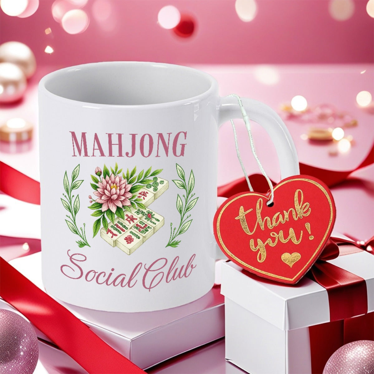 Tailorly White Ceramic 11 oz Mug - Mahjong Social Club Elegant Pink Floral Pattern Among Traditional Tiles With Green Leafy Branches Mug
