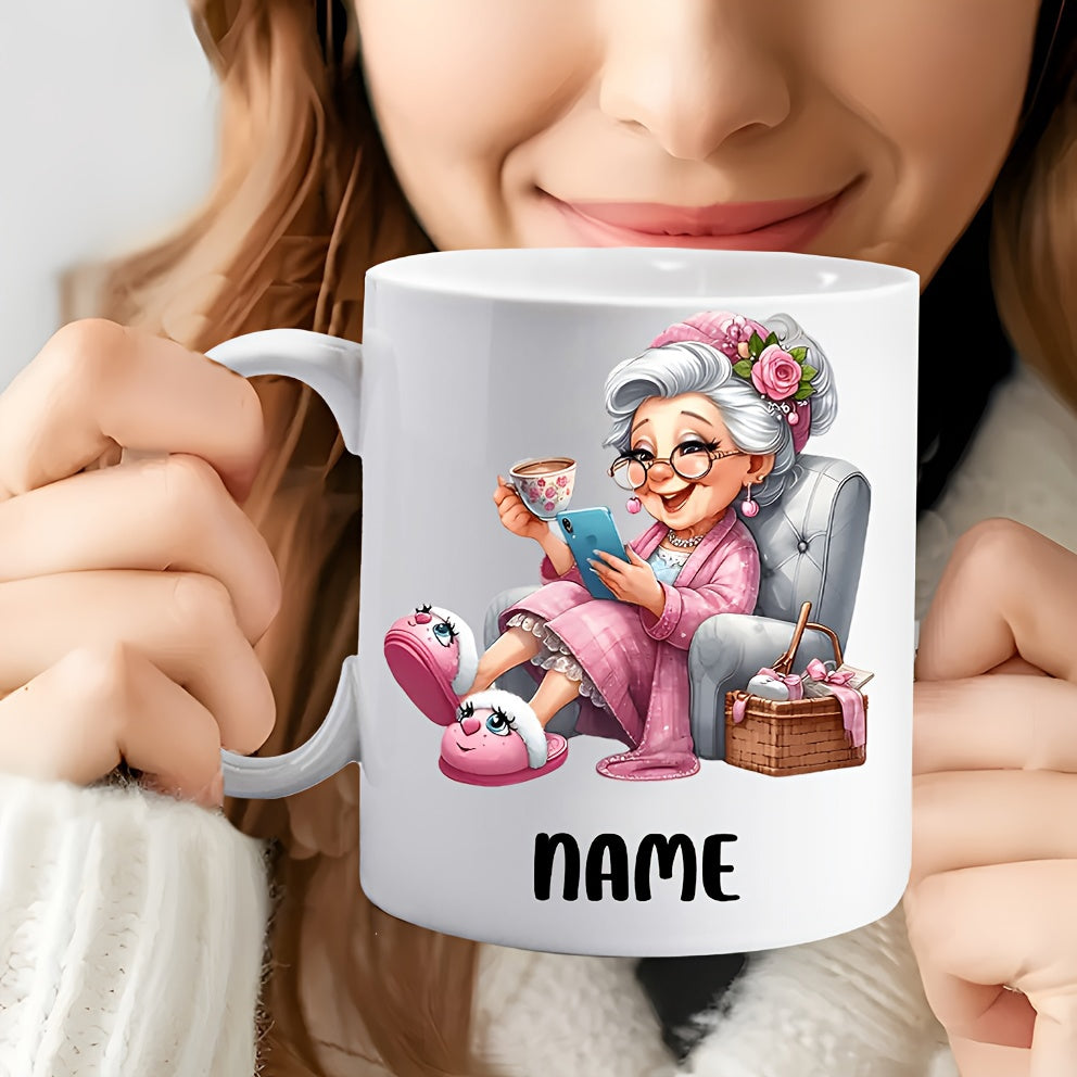 Tailorly White Ceramic 11 oz Mug - Name Happy Elderly Woman Relaxing In Cozy Armchair Holding Small Teacup Grandmother