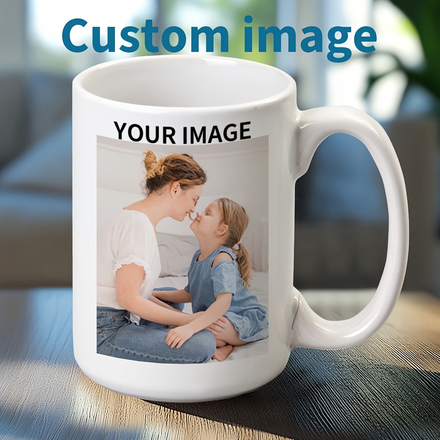 Tailorly White Ceramic 11 oz Mug - Custom Image Your Image Smiling Mother And Child Sitting Together Within A Minimalist Glossy