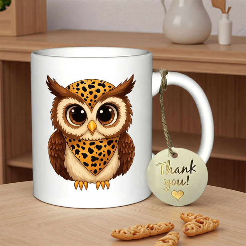 Tailorly White Ceramic 11 oz Mug - Thank You Charming Cartoon Owl With Cheetah Print Accents And Large Brown Eyes Owl