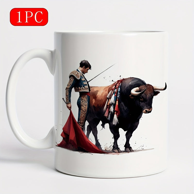 Tailorly White Ceramic 11 oz Mug - Traditional Spanish Matador Holding Red Cape Facing A Powerful Muscular Bull