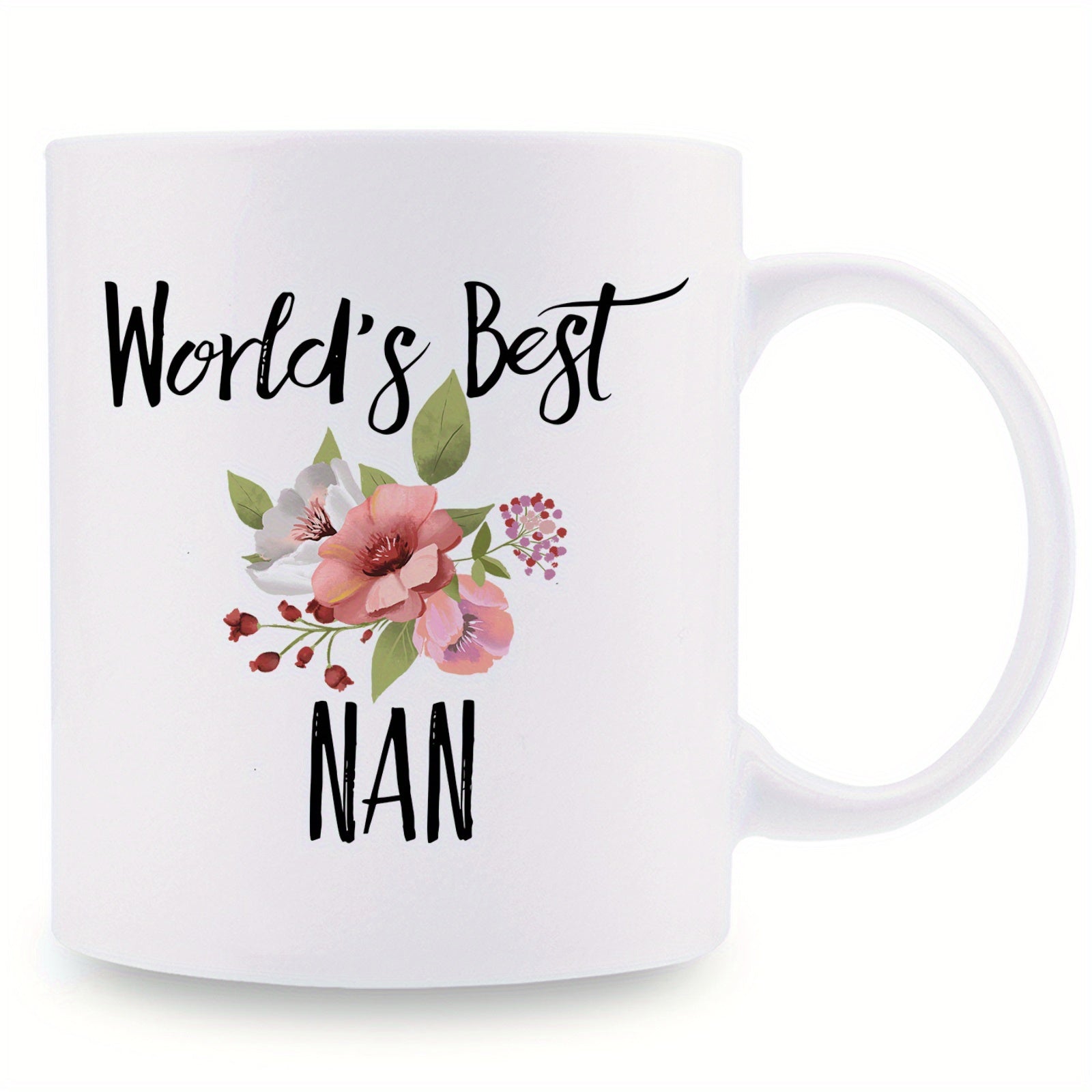 Tailorly White Ceramic 11 oz Mug - World's Best Nan Blooming Pink Watercolor Petals Among Lush Green Foliage Flower