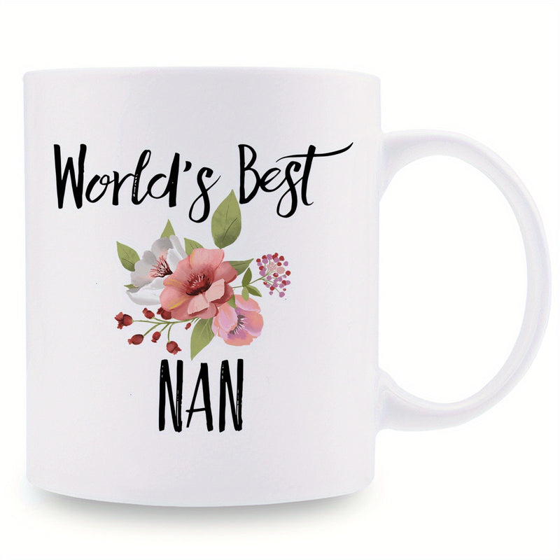 Tailorly White Ceramic 11 oz Mug - World's Best Nan Blooming Pink Watercolor Petals Among Lush Green Foliage Flower