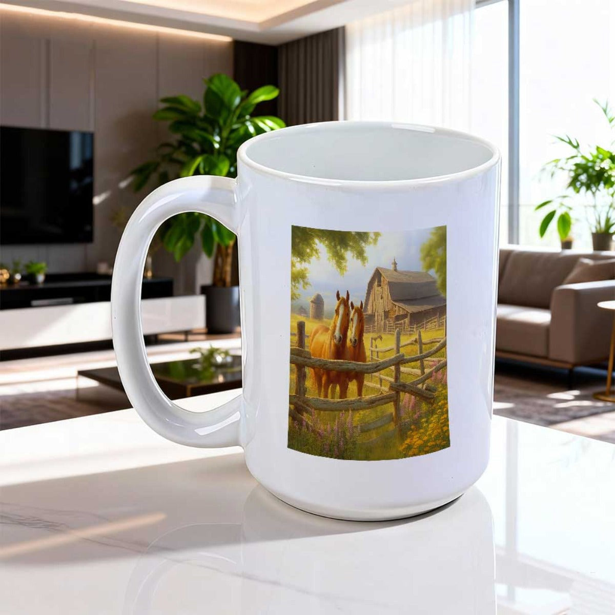Tailorly White Ceramic 11 oz Mug - Rustic Countryside Farm Scene With Two Horses Standing Behind Wooden Fence Horse