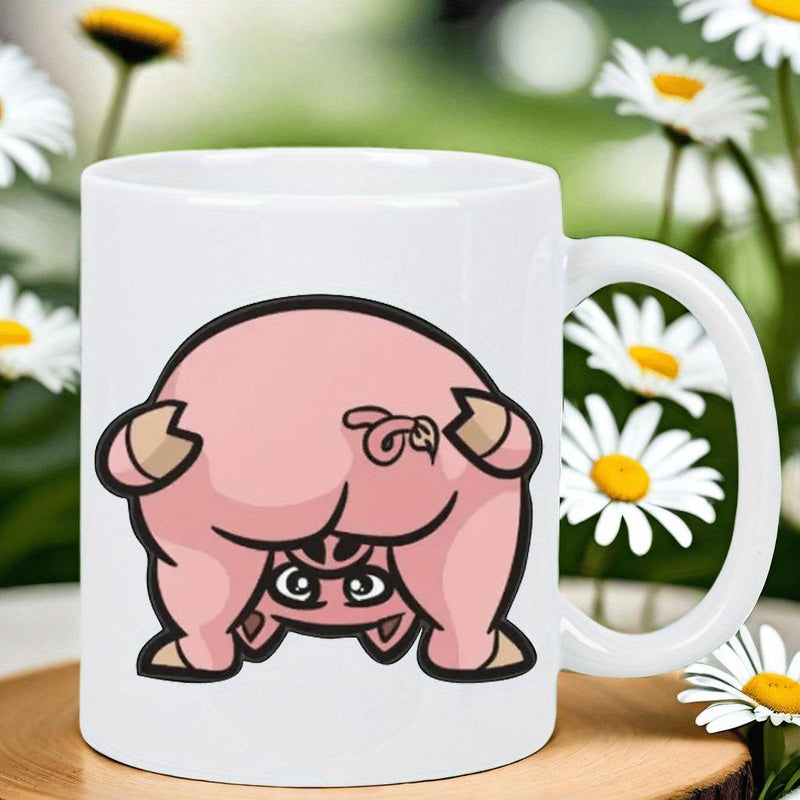Tailorly White Ceramic 11 oz Mug - Funny Pink Cartoon Pig Looking Through Its Legs In A Humorous Way Pig