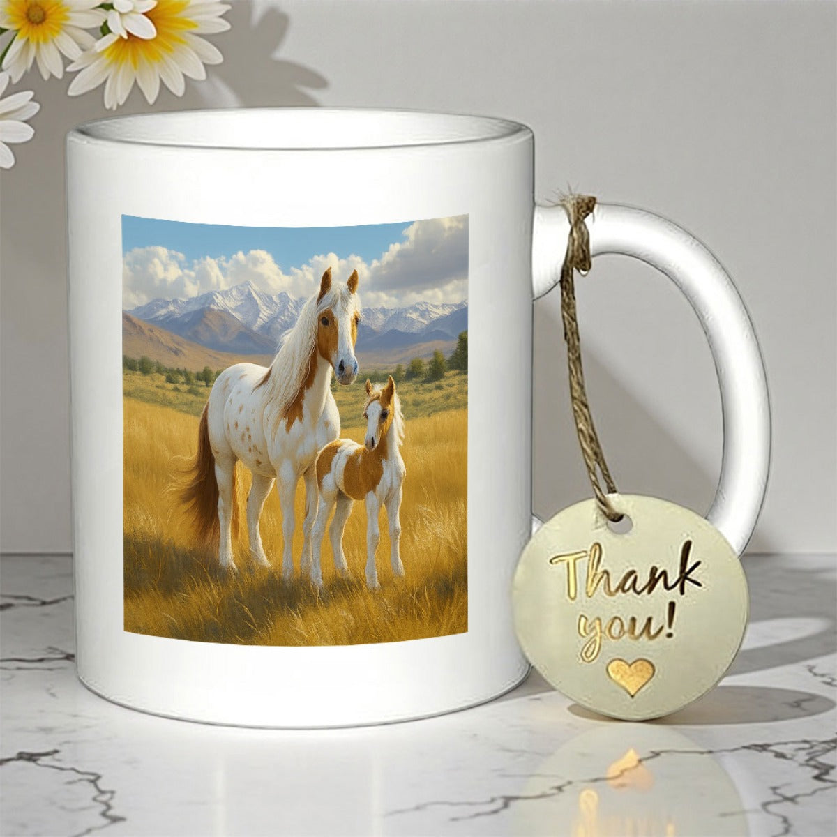 Tailorly White Ceramic 11 oz Mug - Majestic Mare And Foal Standing In Golden Meadow Under Mountain Peaks Horse
