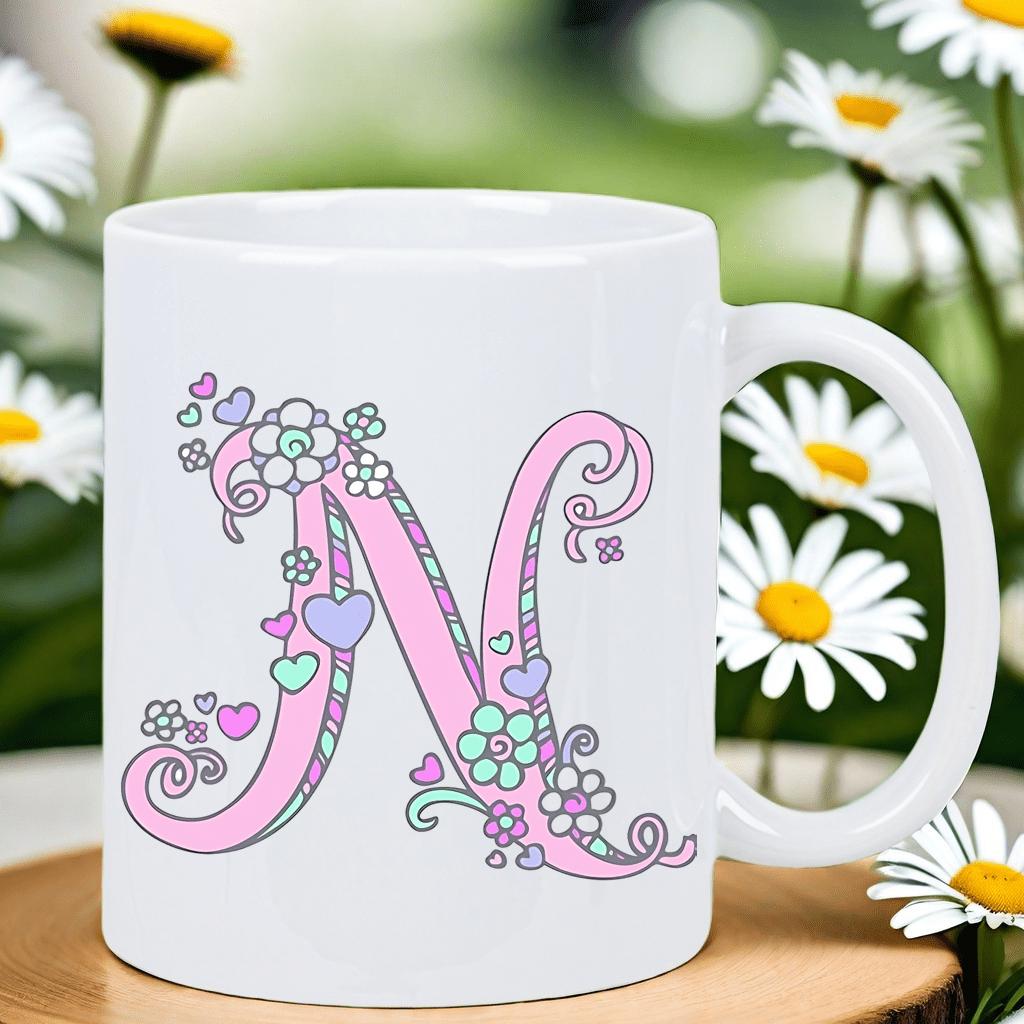 Tailorly White Ceramic 11 oz Mug - N Floral Decorative Pink Letter Featuring Pastel Hearts And Delicate Flowers Initial