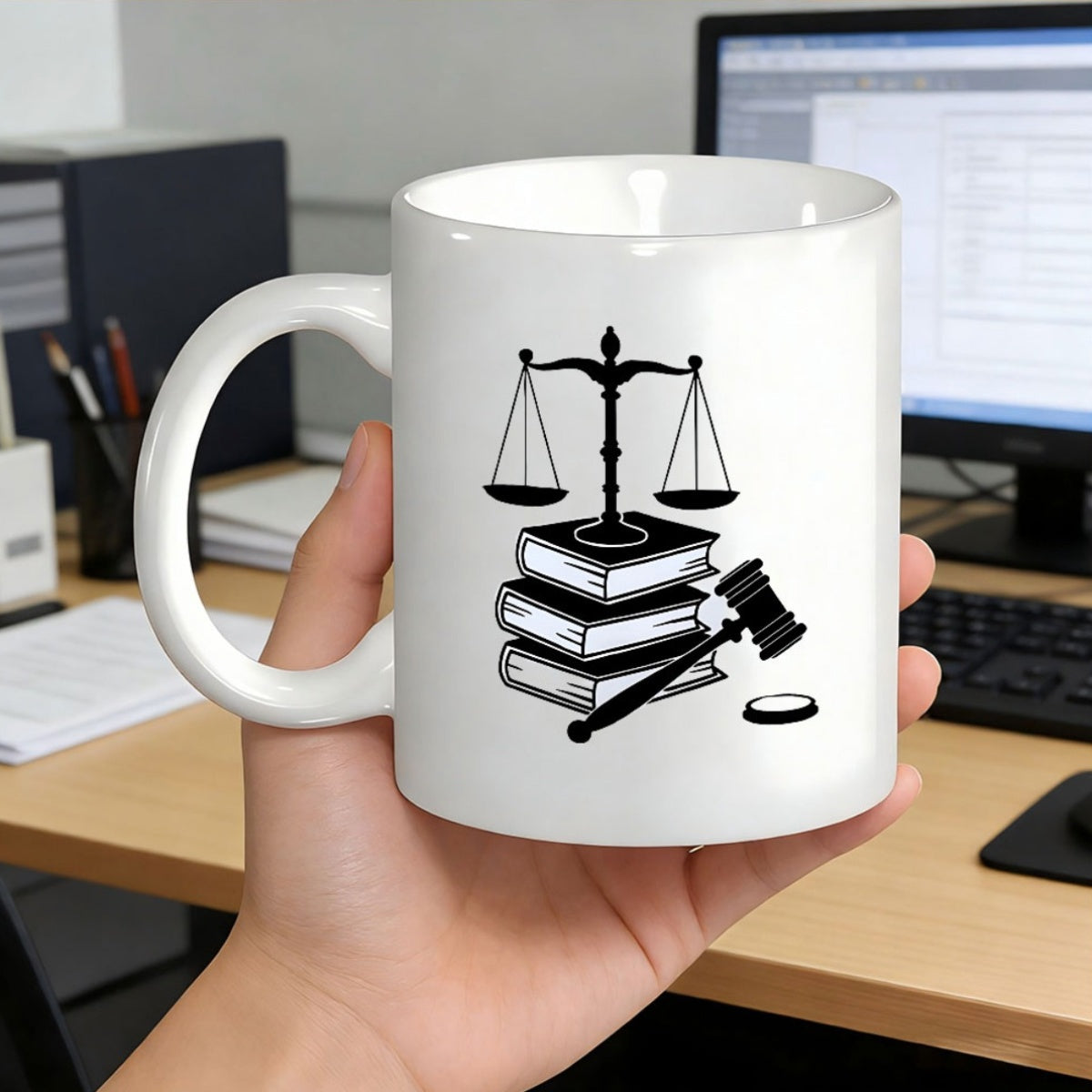 Tailorly White Ceramic 11 oz Mug - Elegant Black Silhouette Balanced On Stacked Law Books With Gavel Scales