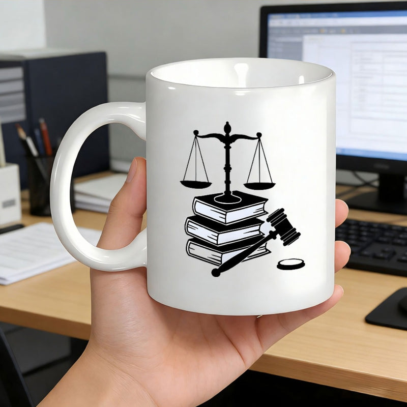 Tailorly White Ceramic 11 oz Mug - Elegant Black Silhouette Balanced On Stacked Law Books With Gavel Scales