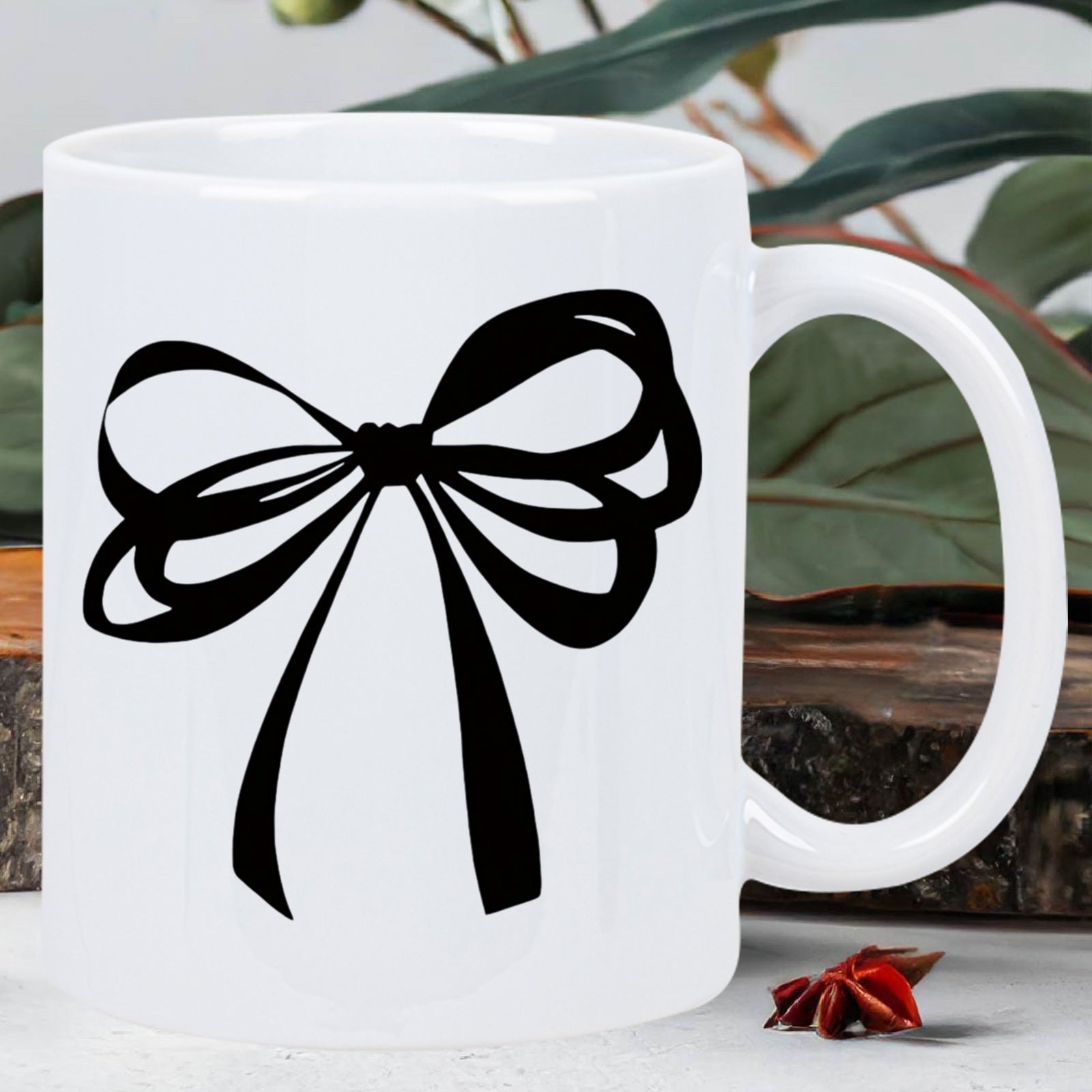 Tailorly White Ceramic 11 oz Mug - Hand Drawn Artistic Black Ribbon Floating Gracefully Against White Background Bow