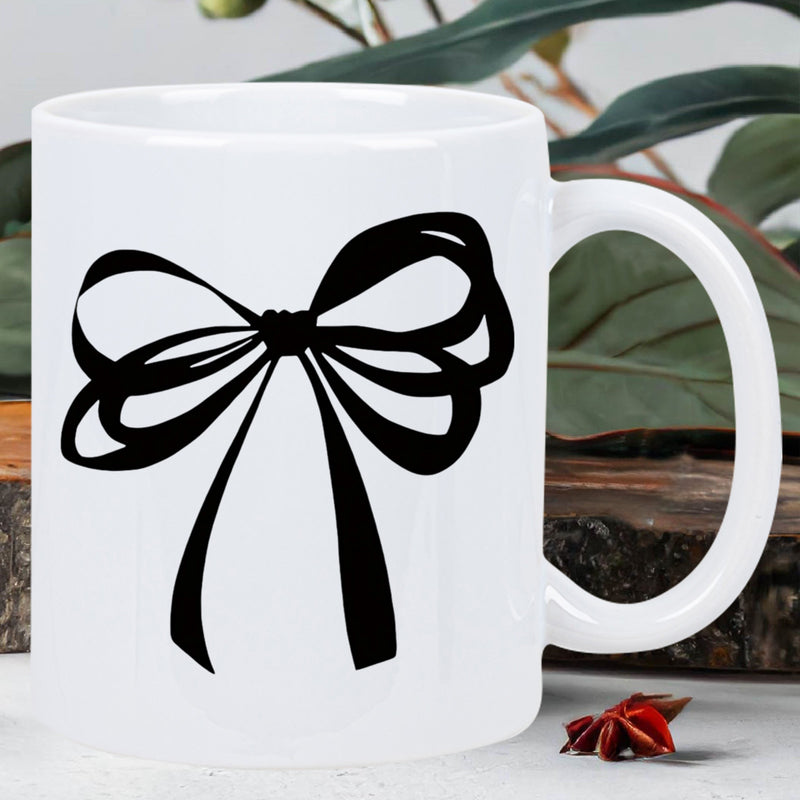 Tailorly White Ceramic 11 oz Mug - Hand Drawn Artistic Black Ribbon Floating Gracefully Against White Background Bow
