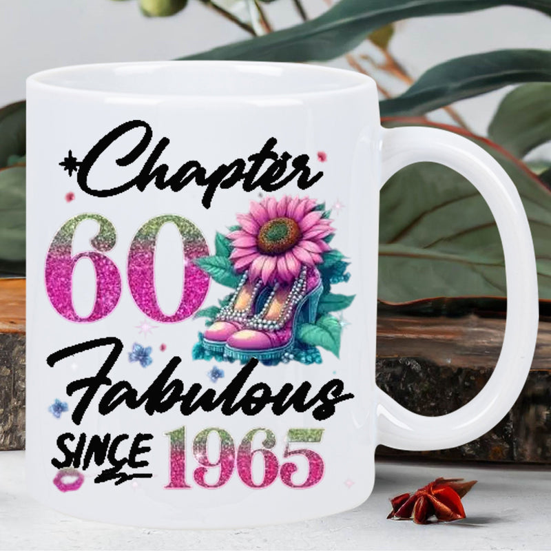 Tailorly White Ceramic 11 oz Mug - Chapter 60 Fabulous Since 1965 With Pink Sunflower Blooming From Jeweled High Heel And Fluttering Butterflies Mug