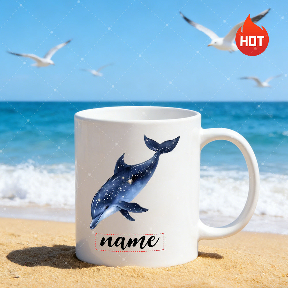Tailorly White Ceramic 11 oz Mug - Name Glittering Blue Cosmic Galaxy Body Swimming Gracefully Amidst Sunny Beach Coast Dolphin