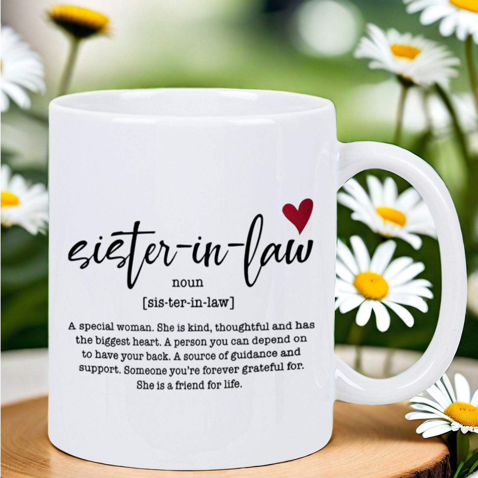 Tailorly White Ceramic 11 oz Mug - Sister In Law Minimalist Dictionary Definition Style With Small Red Heart Accent Heart
