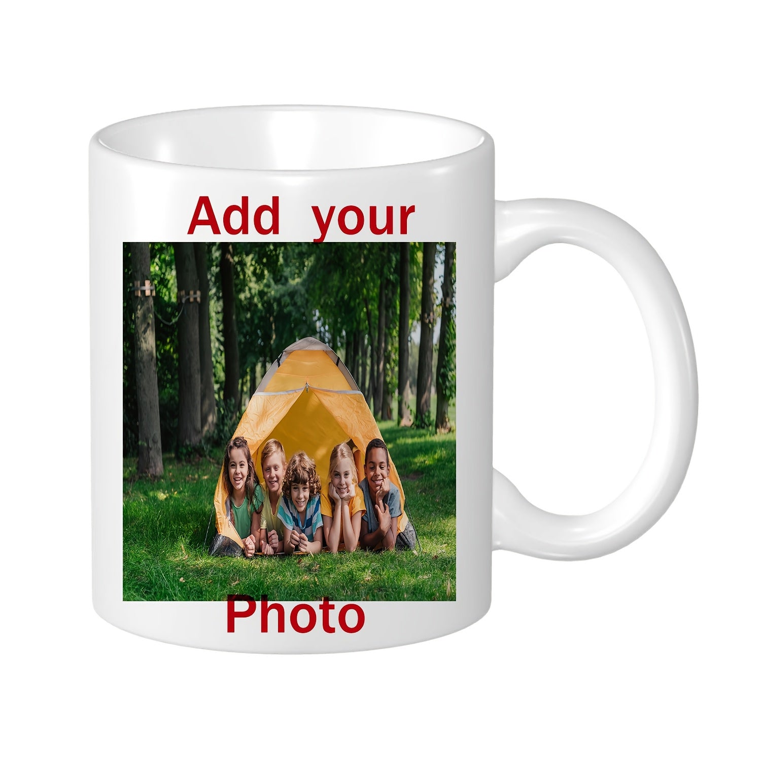 Tailorly White Ceramic 11 oz Mug - Add Your Photo Happy Children Sitting In Front Of Yellow Tent Among Green Forest Mug